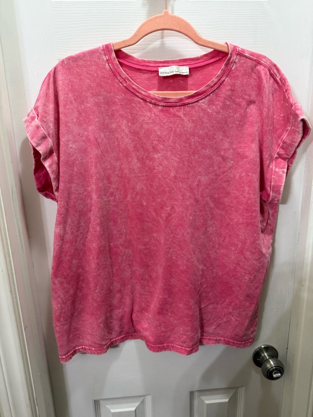 Zenana Outfitters Pink Mineral-Wash Rolled Sleeve Tee